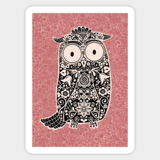 Black and White Folk Art Owl on rose pink floral background Sticker